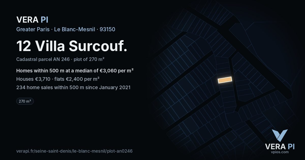 12 Villa Surcouf, Le Blanc-Mesnil at night – the plot lit, the parcels around coloured by the prices near them