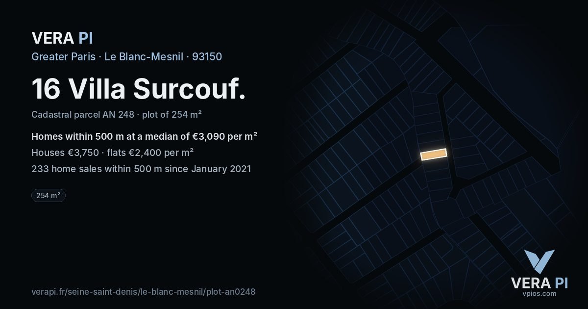 16 Villa Surcouf, Le Blanc-Mesnil at night – the plot lit, the parcels around coloured by the prices near them