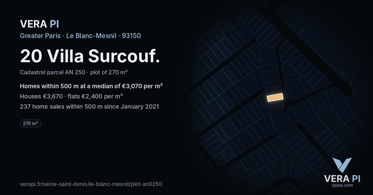 20 Villa Surcouf, Le Blanc-Mesnil at night – the plot lit, the parcels around coloured by the prices near them