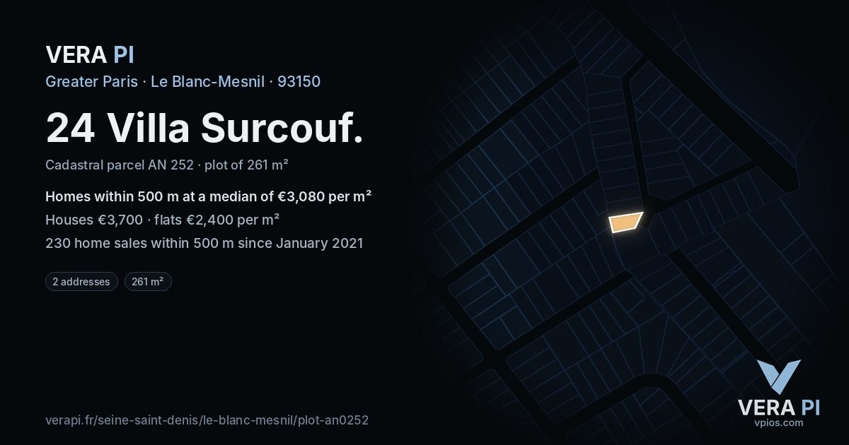 24 Villa Surcouf, Le Blanc-Mesnil at night – the plot lit, the parcels around coloured by the prices near them
