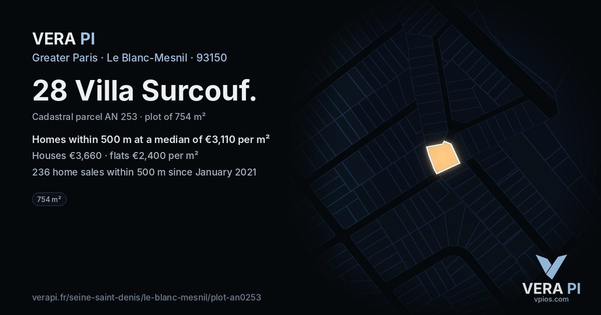 28 Villa Surcouf, Le Blanc-Mesnil at night – the plot lit, the parcels around coloured by the prices near them