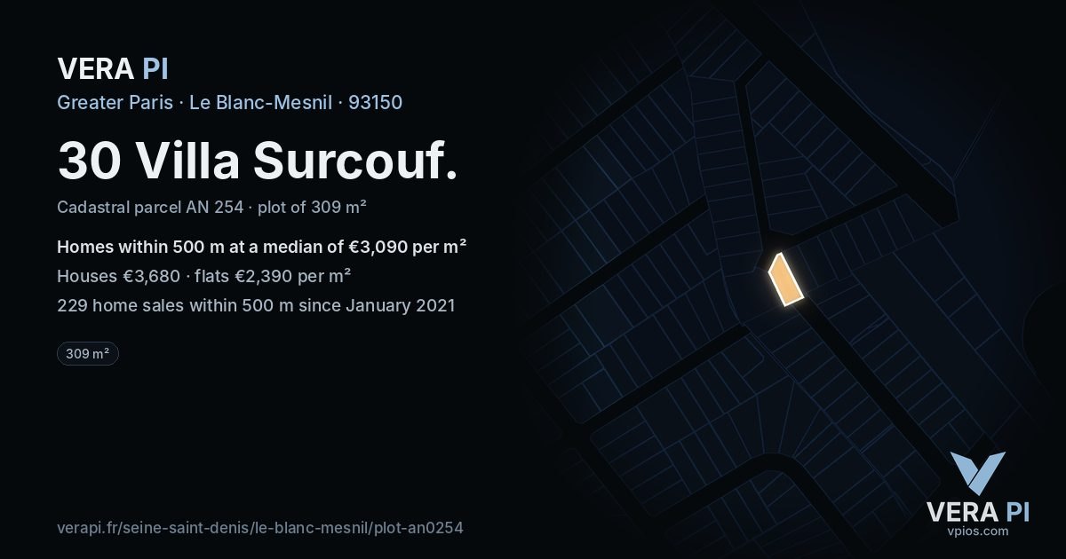 30 Villa Surcouf, Le Blanc-Mesnil at night – the plot lit, the parcels around coloured by the prices near them