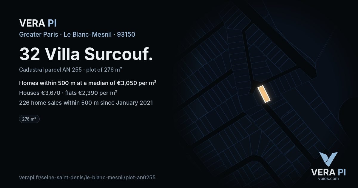 32 Villa Surcouf, Le Blanc-Mesnil at night – the plot lit, the parcels around coloured by the prices near them