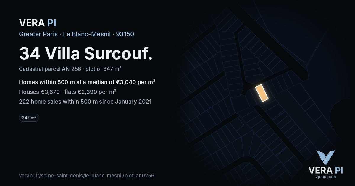 34 Villa Surcouf, Le Blanc-Mesnil at night – the plot lit, the parcels around coloured by the prices near them