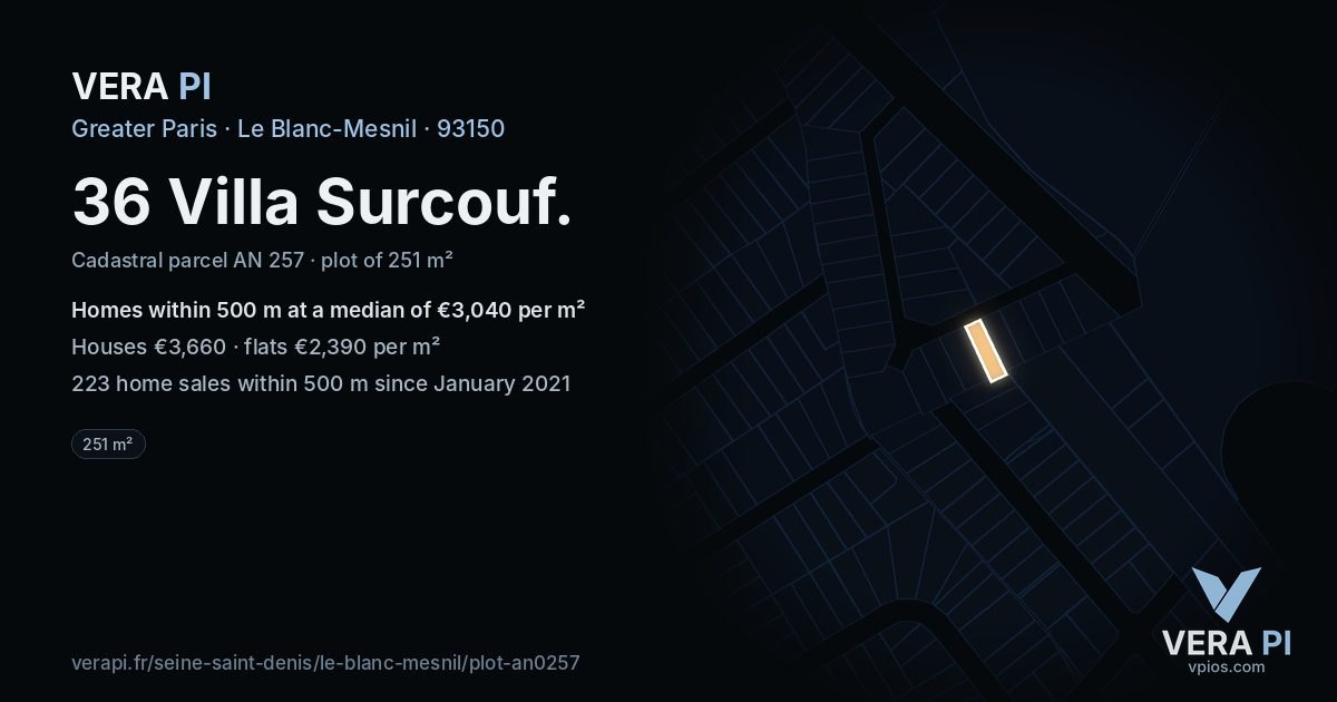 36 Villa Surcouf, Le Blanc-Mesnil at night – the plot lit, the parcels around coloured by the prices near them