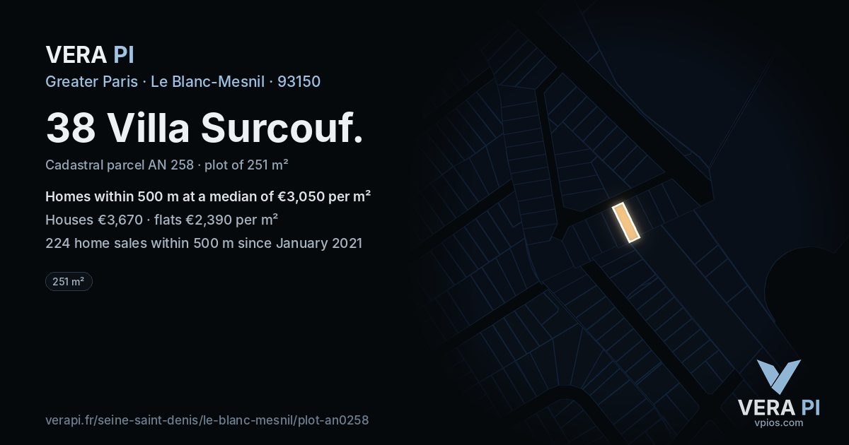38 Villa Surcouf, Le Blanc-Mesnil at night – the plot lit, the parcels around coloured by the prices near them