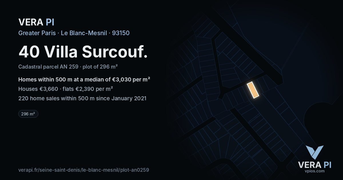 40 Villa Surcouf, Le Blanc-Mesnil at night – the plot lit, the parcels around coloured by the prices near them