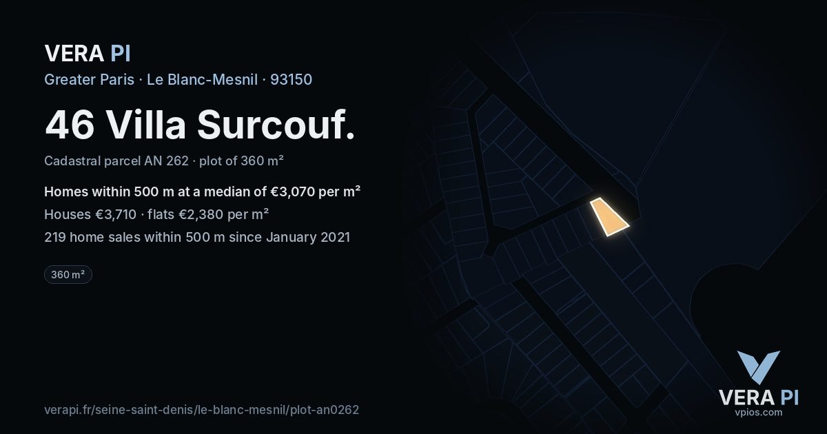 46 Villa Surcouf, Le Blanc-Mesnil at night – the plot lit, the parcels around coloured by the prices near them