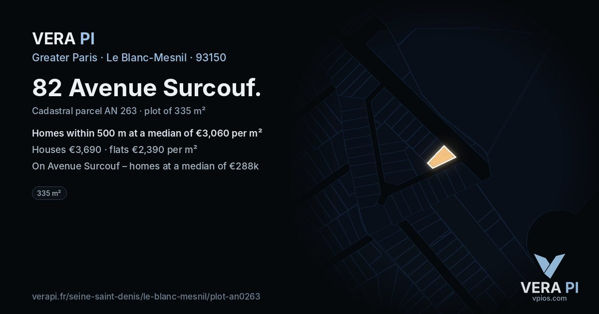82 Avenue Surcouf, Le Blanc-Mesnil at night – the plot lit, the parcels around coloured by the prices near them
