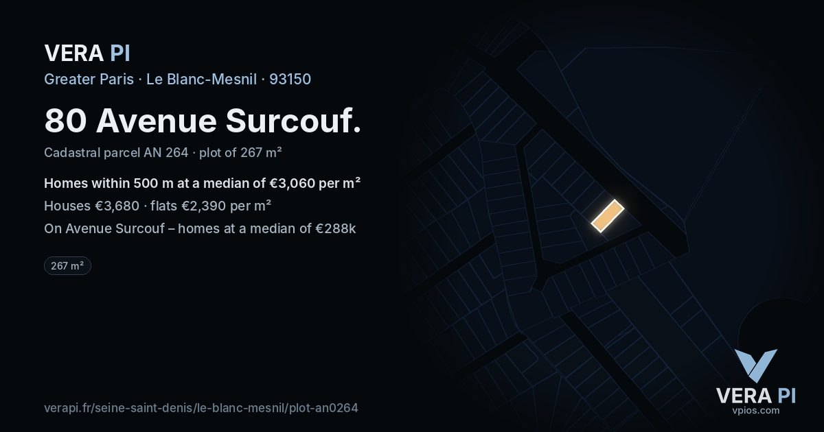 80 Avenue Surcouf, Le Blanc-Mesnil at night – the plot lit, the parcels around coloured by the prices near them