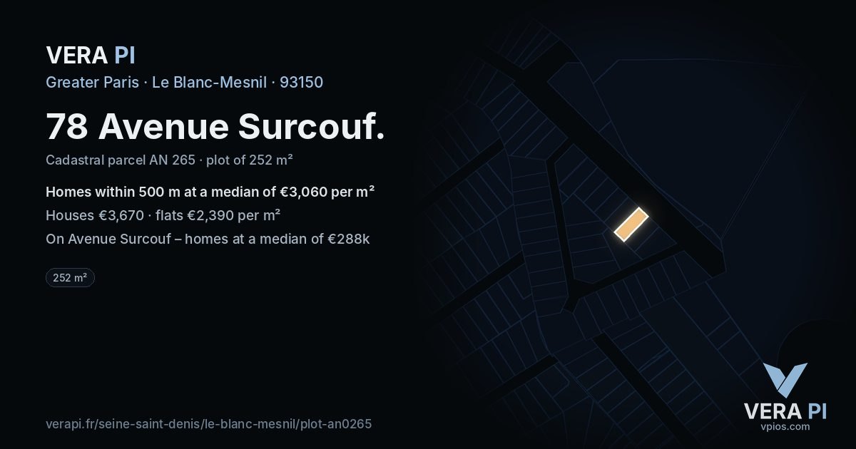78 Avenue Surcouf, Le Blanc-Mesnil at night – the plot lit, the parcels around coloured by the prices near them