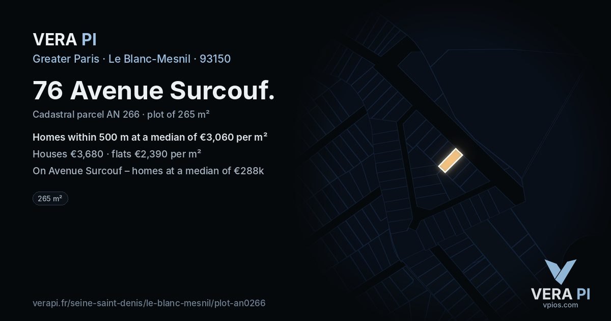 76 Avenue Surcouf, Le Blanc-Mesnil at night – the plot lit, the parcels around coloured by the prices near them
