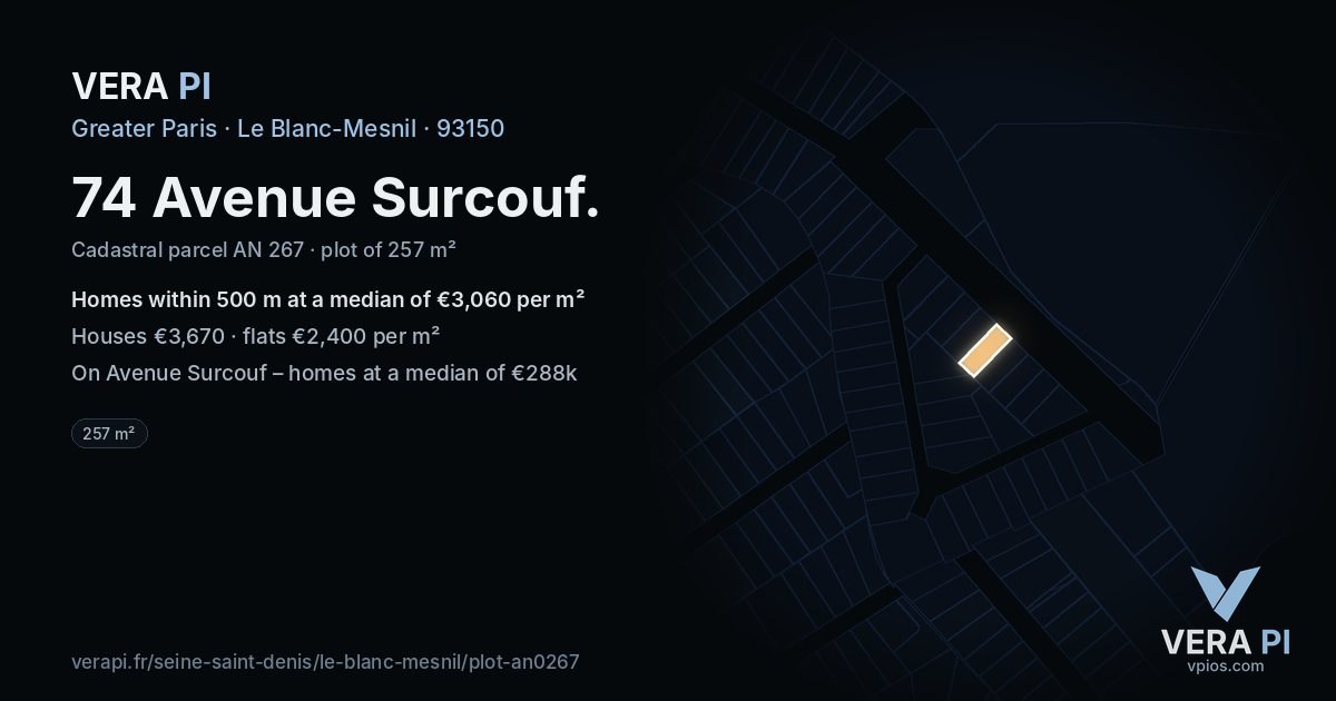 74 Avenue Surcouf, Le Blanc-Mesnil at night – the plot lit, the parcels around coloured by the prices near them