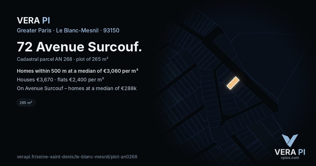 72 Avenue Surcouf, Le Blanc-Mesnil at night – the plot lit, the parcels around coloured by the prices near them