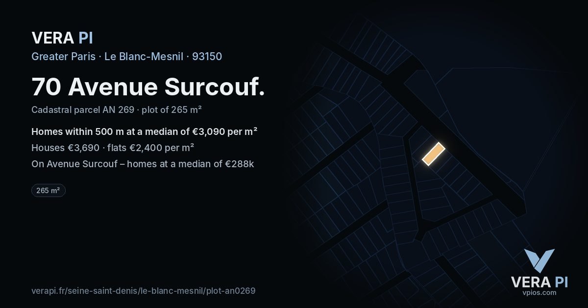 70 Avenue Surcouf, Le Blanc-Mesnil at night – the plot lit, the parcels around coloured by the prices near them