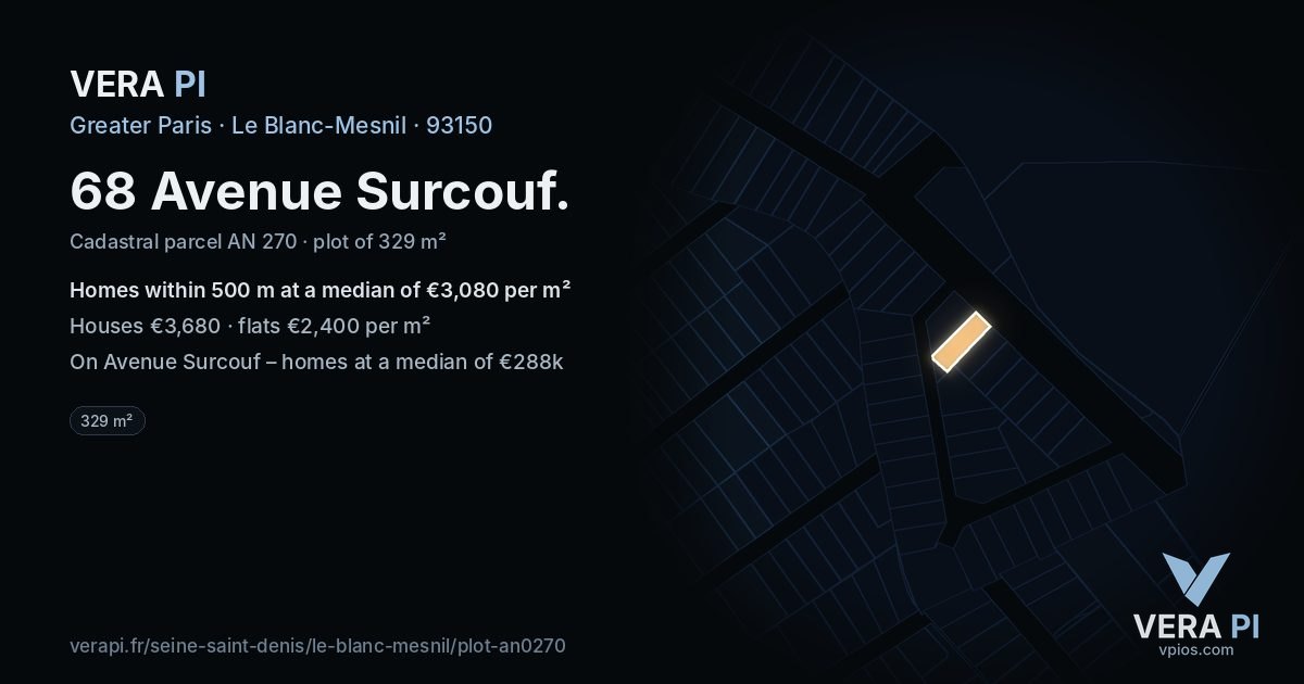 68 Avenue Surcouf, Le Blanc-Mesnil at night – the plot lit, the parcels around coloured by the prices near them