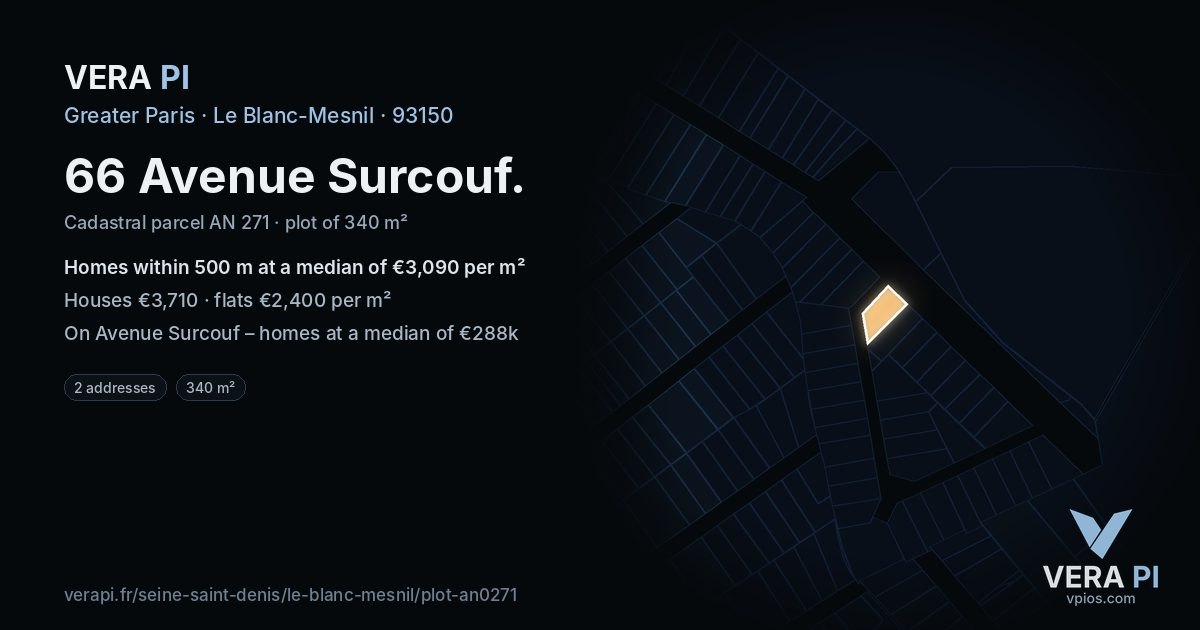 66 Avenue Surcouf, Le Blanc-Mesnil at night – the plot lit, the parcels around coloured by the prices near them