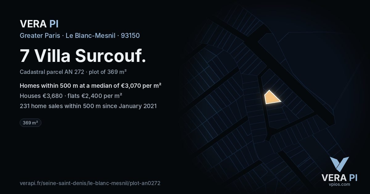 7 Villa Surcouf, Le Blanc-Mesnil at night – the plot lit, the parcels around coloured by the prices near them