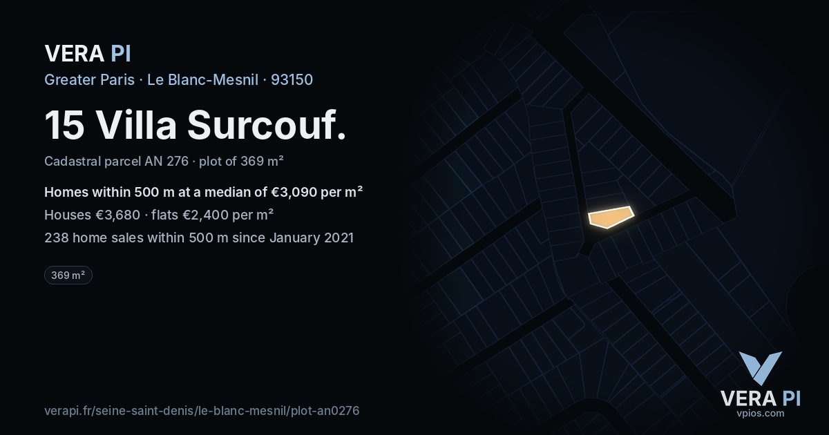 15 Villa Surcouf, Le Blanc-Mesnil at night – the plot lit, the parcels around coloured by the prices near them