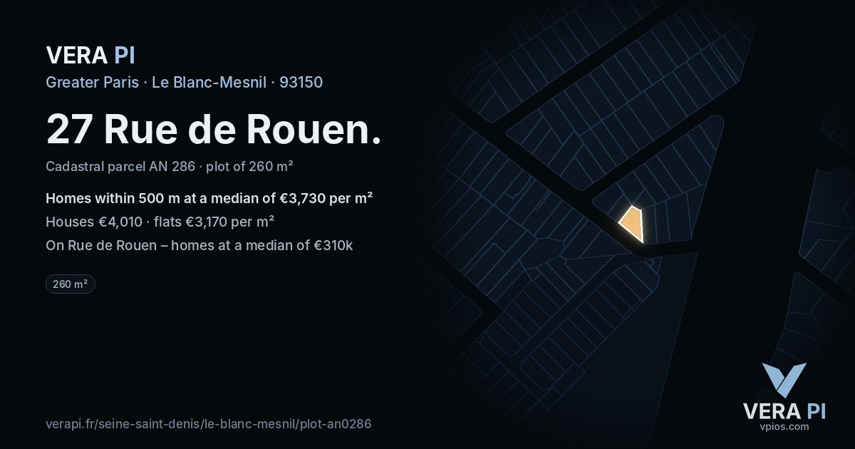 27 Rue de Rouen, Le Blanc-Mesnil at night – the plot lit, the parcels around coloured by the prices near them