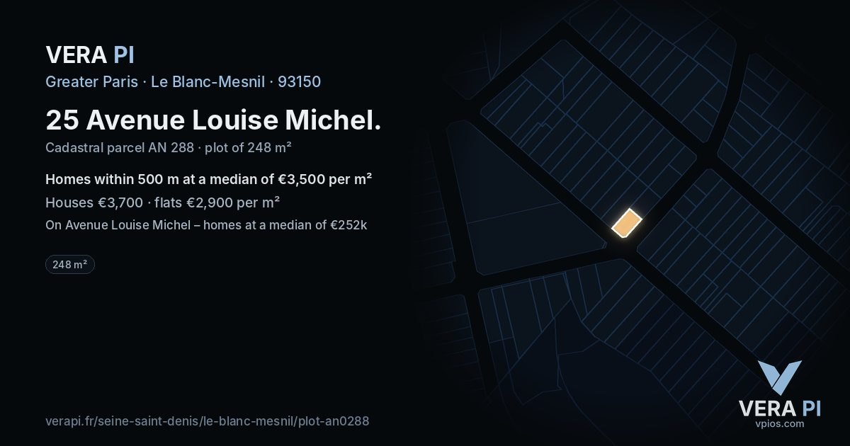25 Avenue Louise Michel, Le Blanc-Mesnil at night – the plot lit, the parcels around coloured by the prices near them
