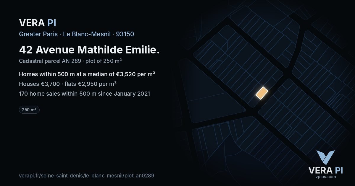 42 Avenue Mathilde Emilie, Le Blanc-Mesnil at night – the plot lit, the parcels around coloured by the prices near them