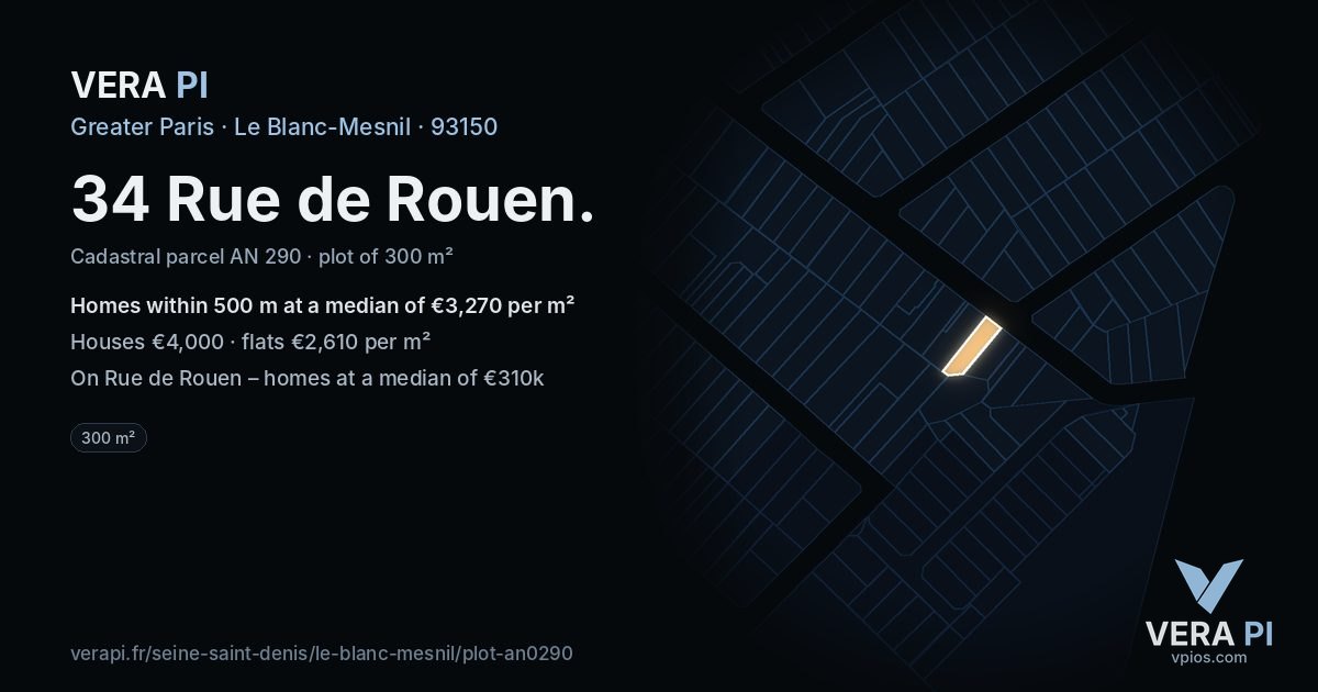 34 Rue de Rouen, Le Blanc-Mesnil at night – the plot lit, the parcels around coloured by the prices near them