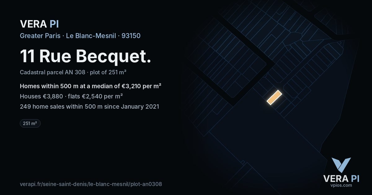 11 Rue Becquet, Le Blanc-Mesnil at night – the plot lit, the parcels around coloured by the prices near them