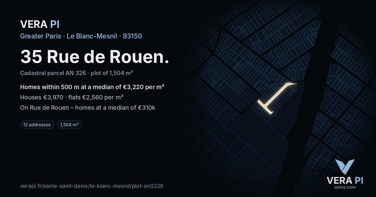 35 Rue de Rouen, Le Blanc-Mesnil at night – the plot lit, the parcels around coloured by the prices near them