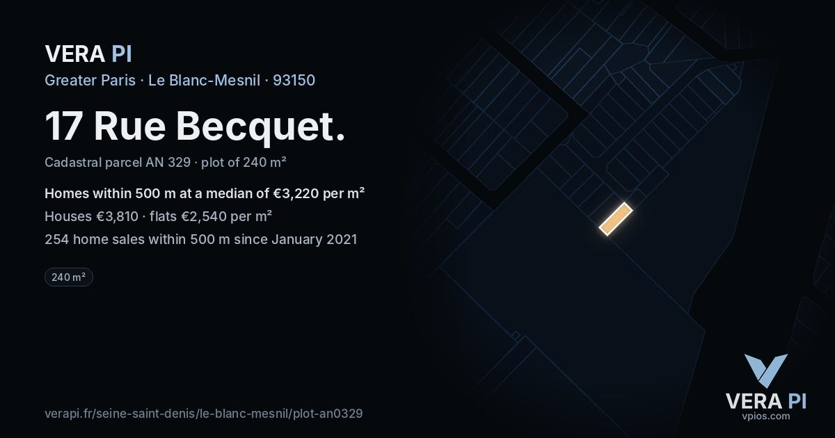 17 Rue Becquet, Le Blanc-Mesnil at night – the plot lit, the parcels around coloured by the prices near them