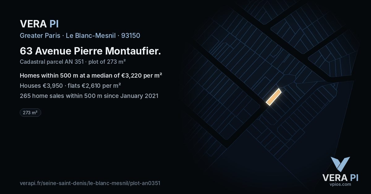63 Avenue Pierre Montaufier, Le Blanc-Mesnil at night – the plot lit, the parcels around coloured by the prices near them