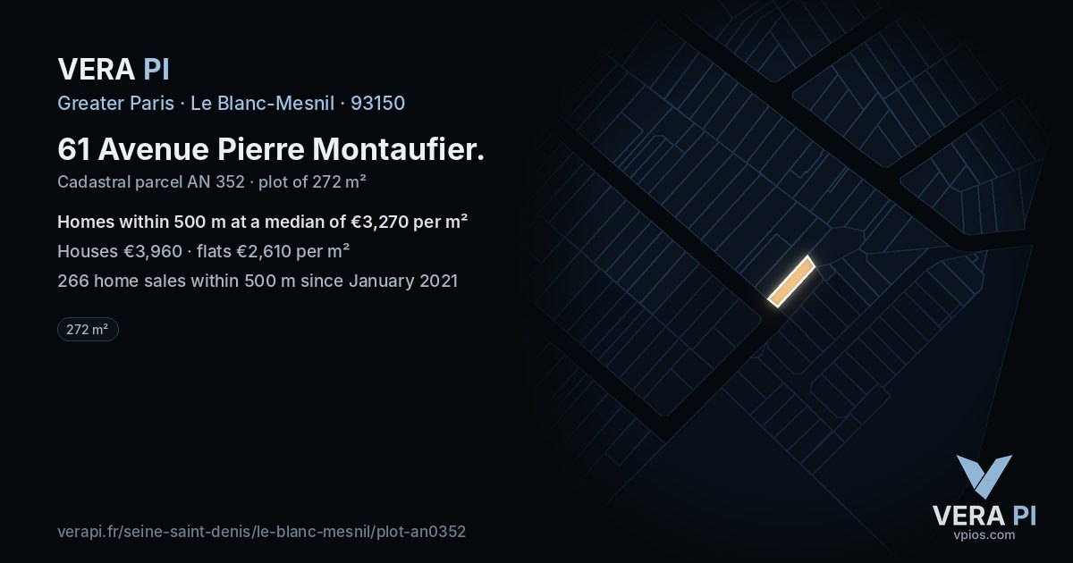 61 Avenue Pierre Montaufier, Le Blanc-Mesnil at night – the plot lit, the parcels around coloured by the prices near them