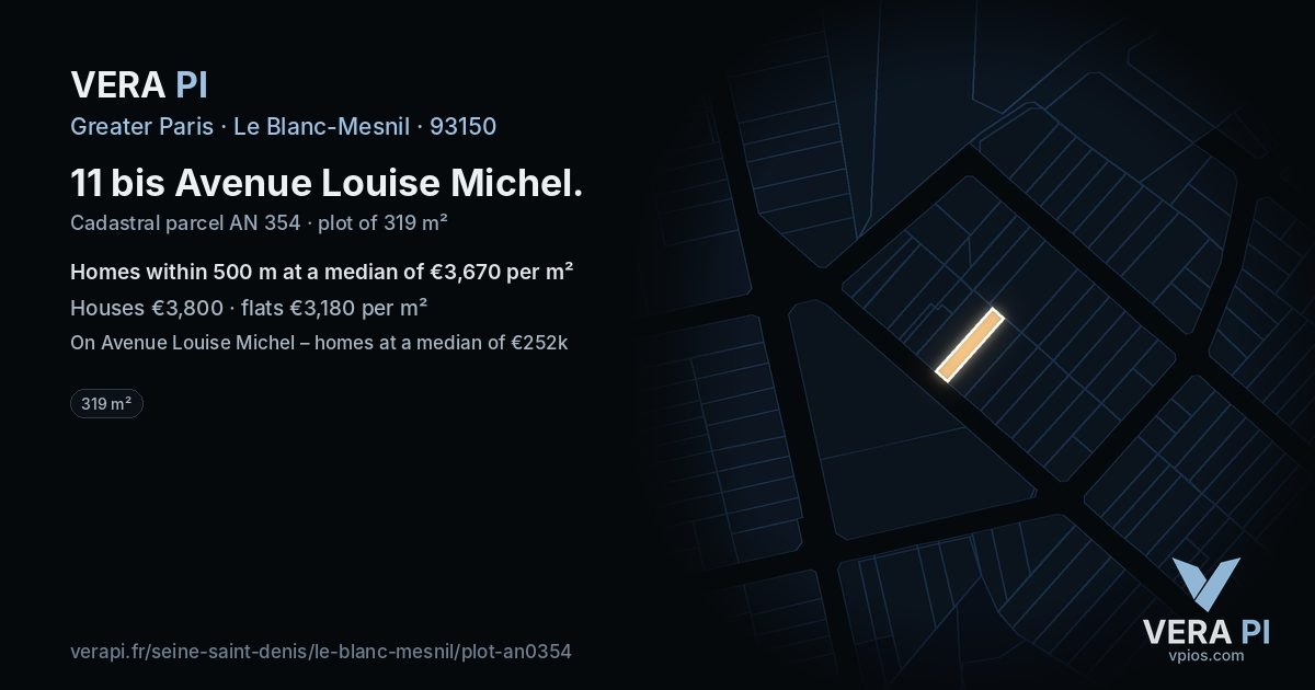 11 bis Avenue Louise Michel, Le Blanc-Mesnil at night – the plot lit, the parcels around coloured by the prices near them