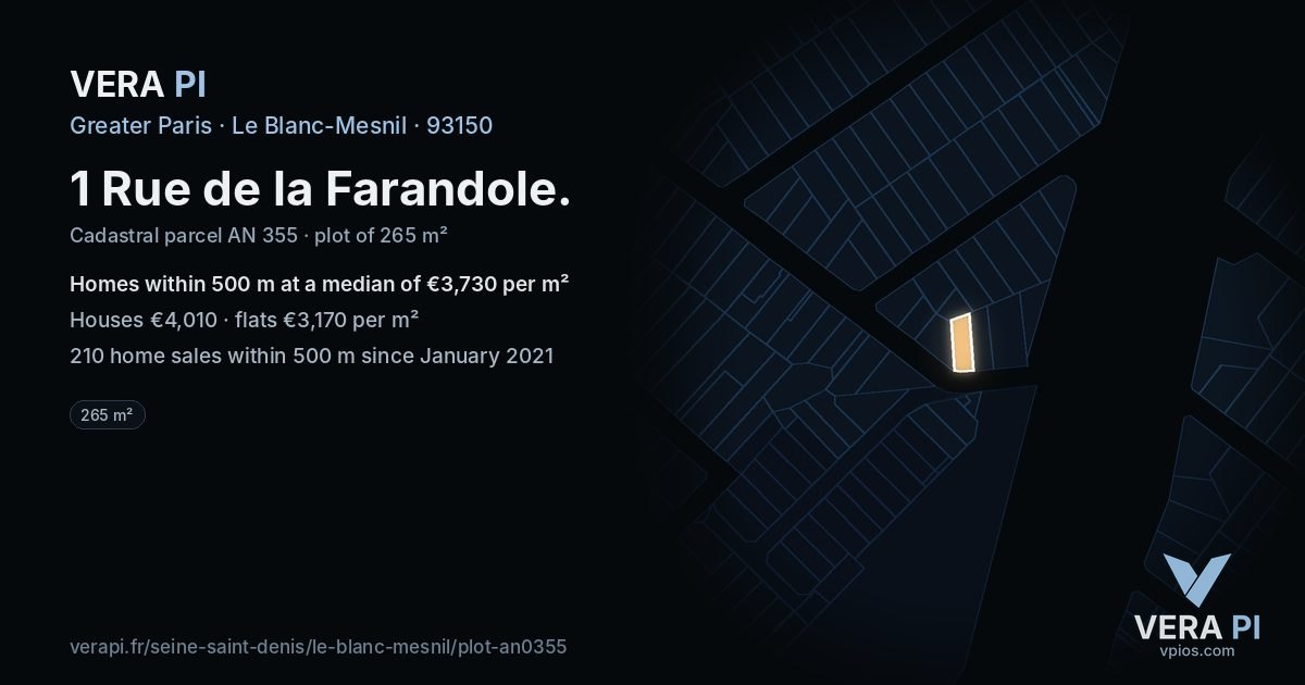 1 Rue de la Farandole, Le Blanc-Mesnil at night – the plot lit, the parcels around coloured by the prices near them