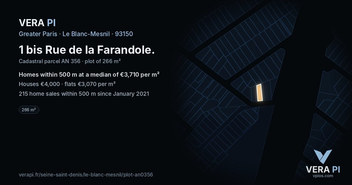 1 bis Rue de la Farandole, Le Blanc-Mesnil at night – the plot lit, the parcels around coloured by the prices near them