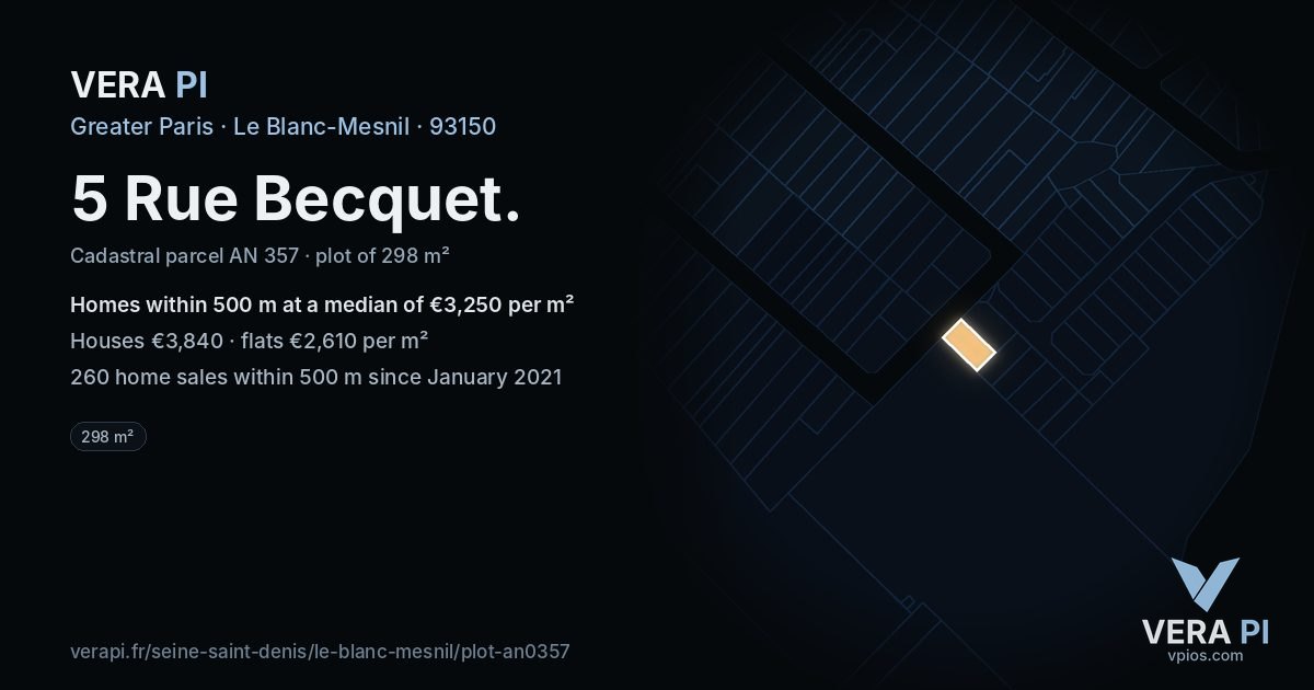 5 Rue Becquet, Le Blanc-Mesnil at night – the plot lit, the parcels around coloured by the prices near them