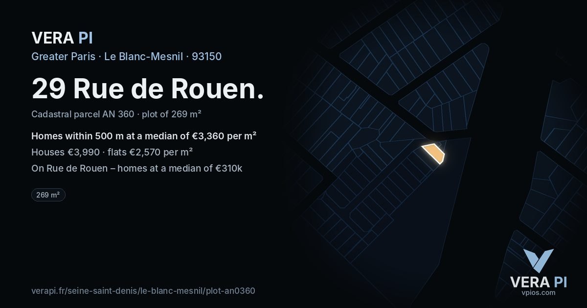 29 Rue de Rouen, Le Blanc-Mesnil at night – the plot lit, the parcels around coloured by the prices near them