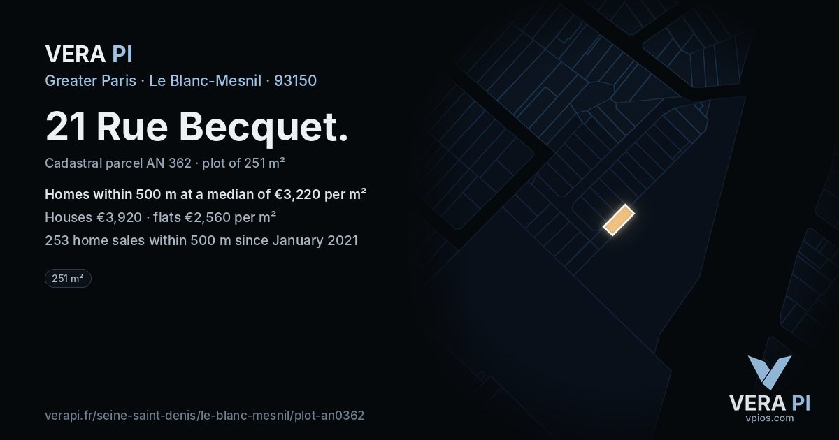 21 Rue Becquet, Le Blanc-Mesnil at night – the plot lit, the parcels around coloured by the prices near them