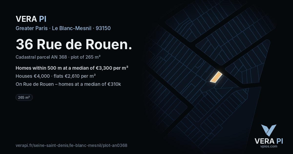 36 Rue de Rouen, Le Blanc-Mesnil at night – the plot lit, the parcels around coloured by the prices near them