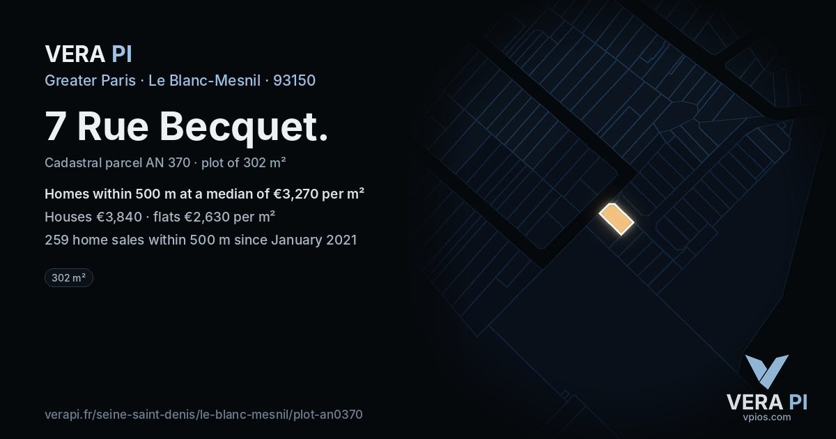 7 Rue Becquet, Le Blanc-Mesnil at night – the plot lit, the parcels around coloured by the prices near them