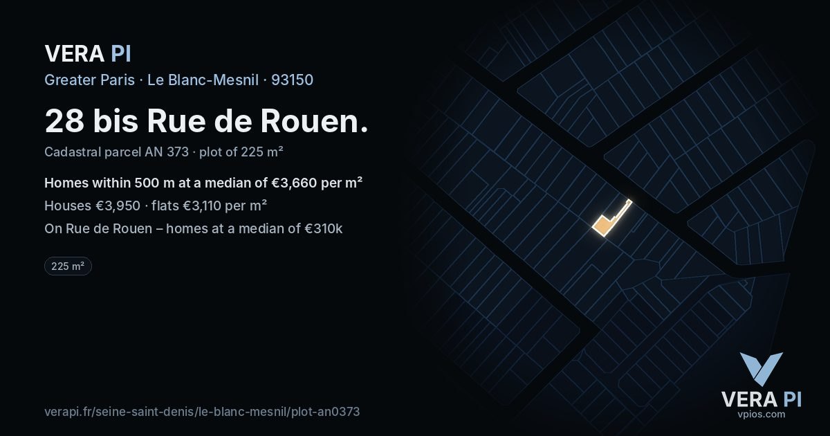 28 bis Rue de Rouen, Le Blanc-Mesnil at night – the plot lit, the parcels around coloured by the prices near them