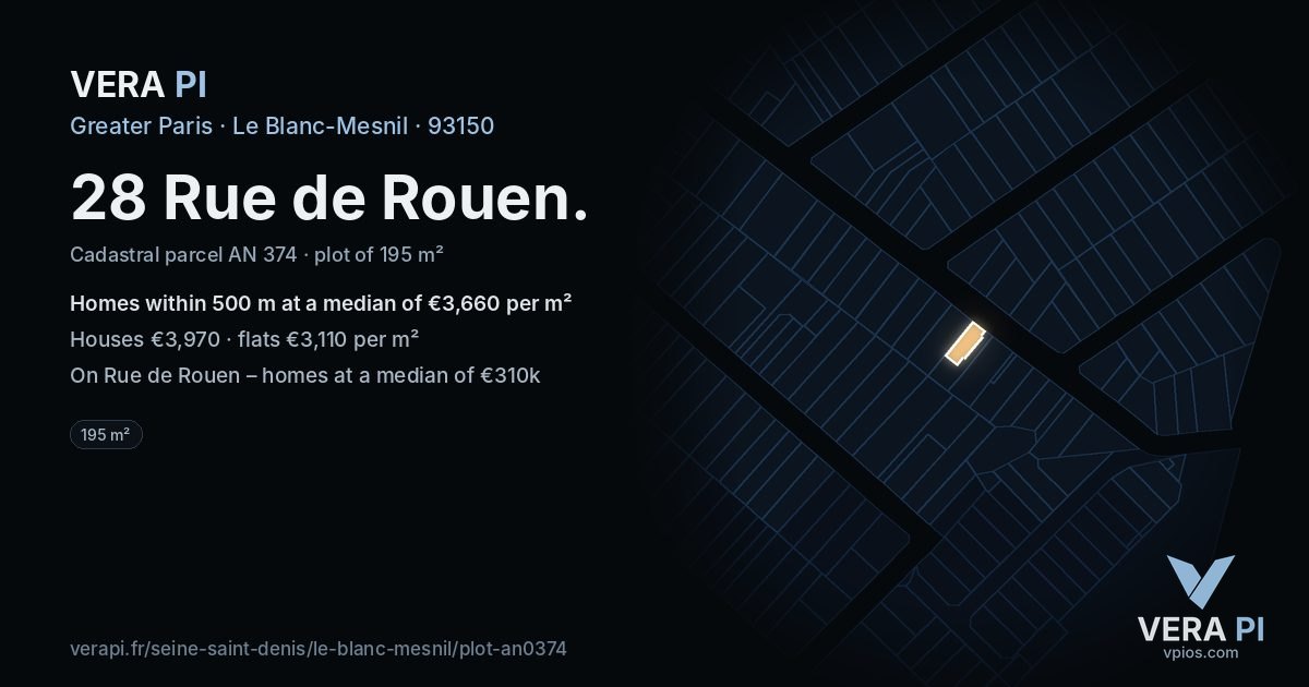 28 Rue de Rouen, Le Blanc-Mesnil at night – the plot lit, the parcels around coloured by the prices near them