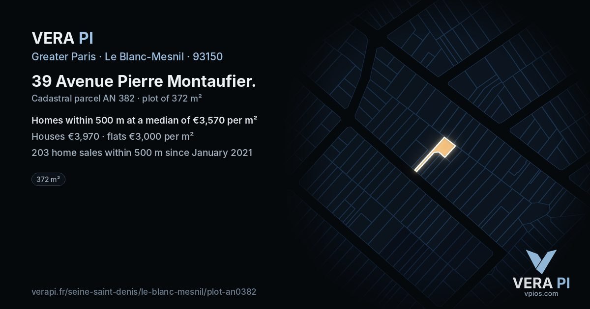 39 Avenue Pierre Montaufier, Le Blanc-Mesnil at night – the plot lit, the parcels around coloured by the prices near them