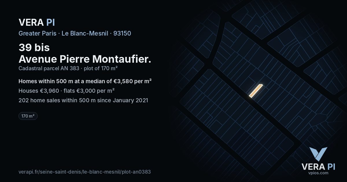 39 bis Avenue Pierre Montaufier, Le Blanc-Mesnil at night – the plot lit, the parcels around coloured by the prices near them