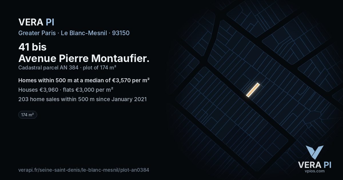 41 bis Avenue Pierre Montaufier, Le Blanc-Mesnil at night – the plot lit, the parcels around coloured by the prices near them