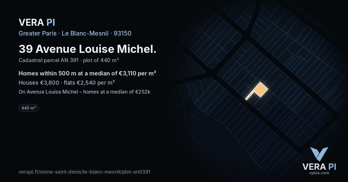 39 Avenue Louise Michel, Le Blanc-Mesnil at night – the plot lit, the parcels around coloured by the prices near them
