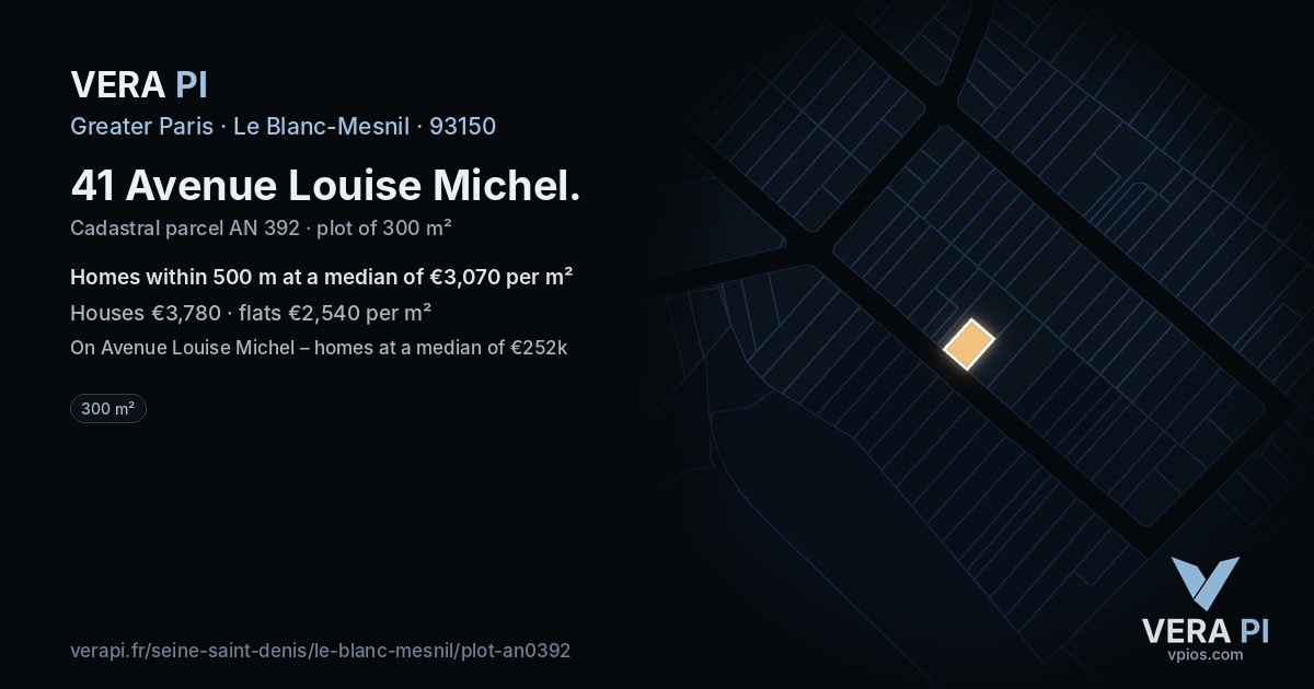 41 Avenue Louise Michel, Le Blanc-Mesnil at night – the plot lit, the parcels around coloured by the prices near them