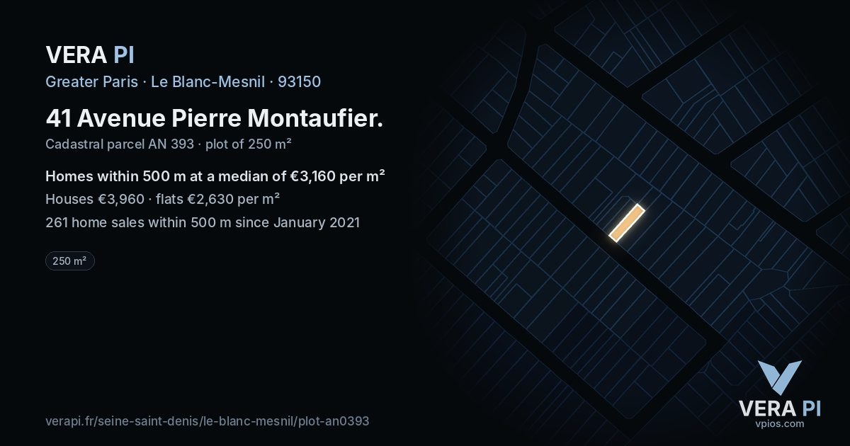 41 Avenue Pierre Montaufier, Le Blanc-Mesnil at night – the plot lit, the parcels around coloured by the prices near them
