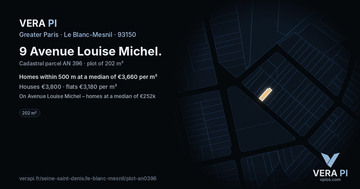 9 Avenue Louise Michel, Le Blanc-Mesnil at night – the plot lit, the parcels around coloured by the prices near them