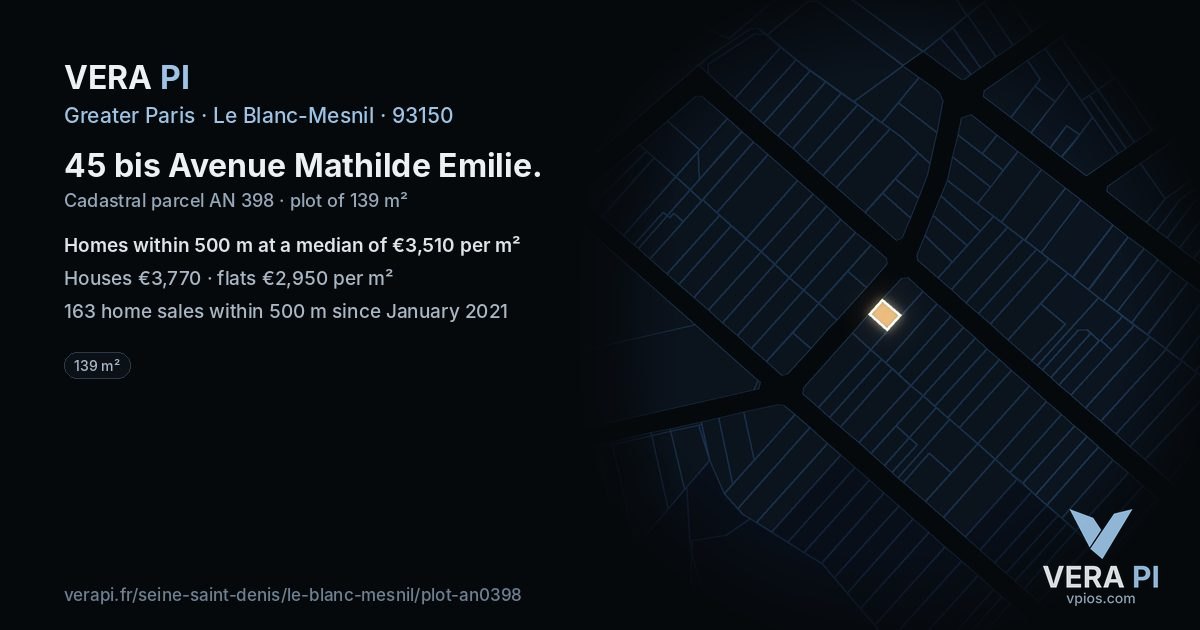 45 bis Avenue Mathilde Emilie, Le Blanc-Mesnil at night – the plot lit, the parcels around coloured by the prices near them